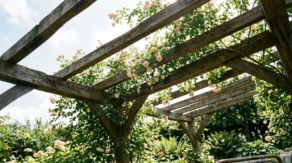 Wooden pergola with climbing plants creating overhead garden privacy