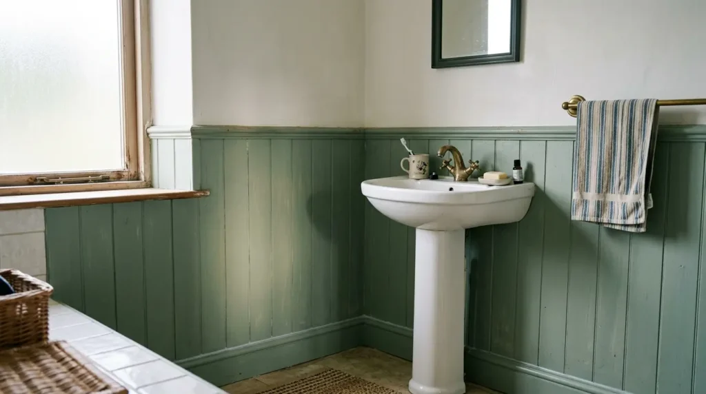 Painted sage green tongue and groove wall panelling in a small bathroom, showing how to add wall panelling to a bathroom