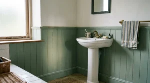 Painted sage green tongue and groove wall panelling in a small bathroom, showing how to add wall panelling to a bathroom