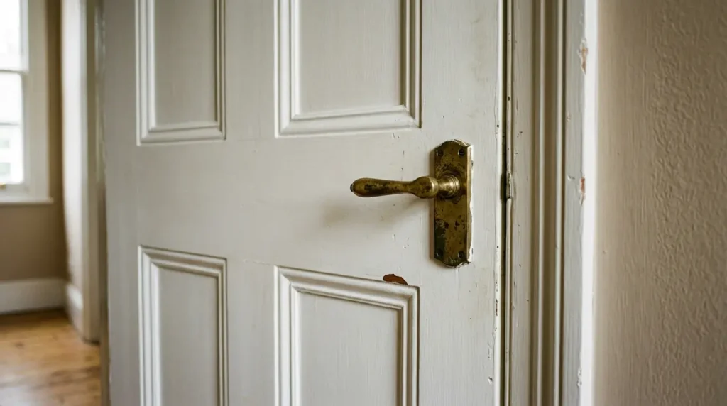 Close-up of a four-panel oak internal door showing traditional moulded detailing