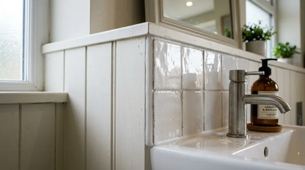 Painted tongue and groove panelling beside a basin with a tiled splashback and neat sealant line