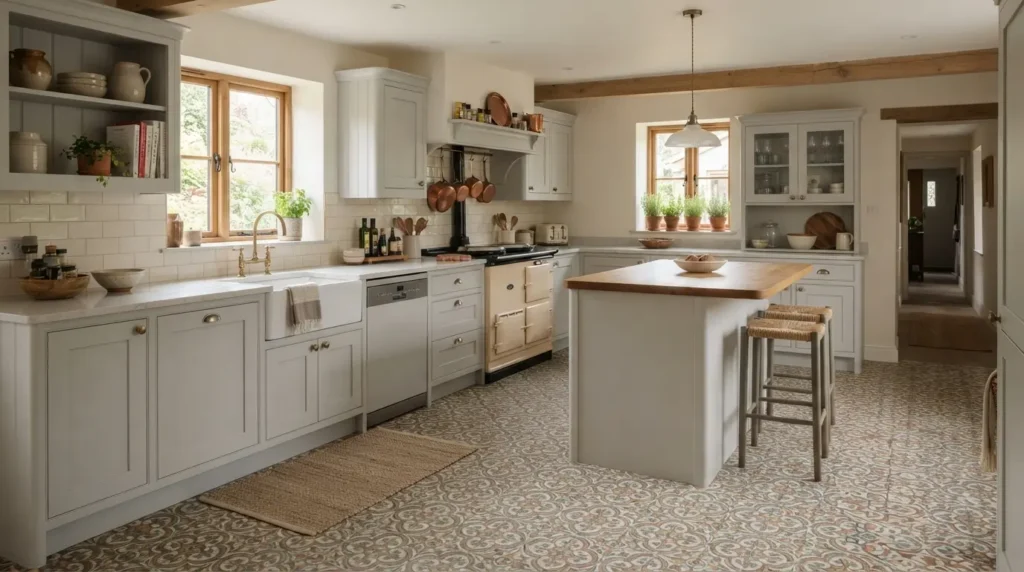 Patterned Vinyl Against Plain Cabinetry