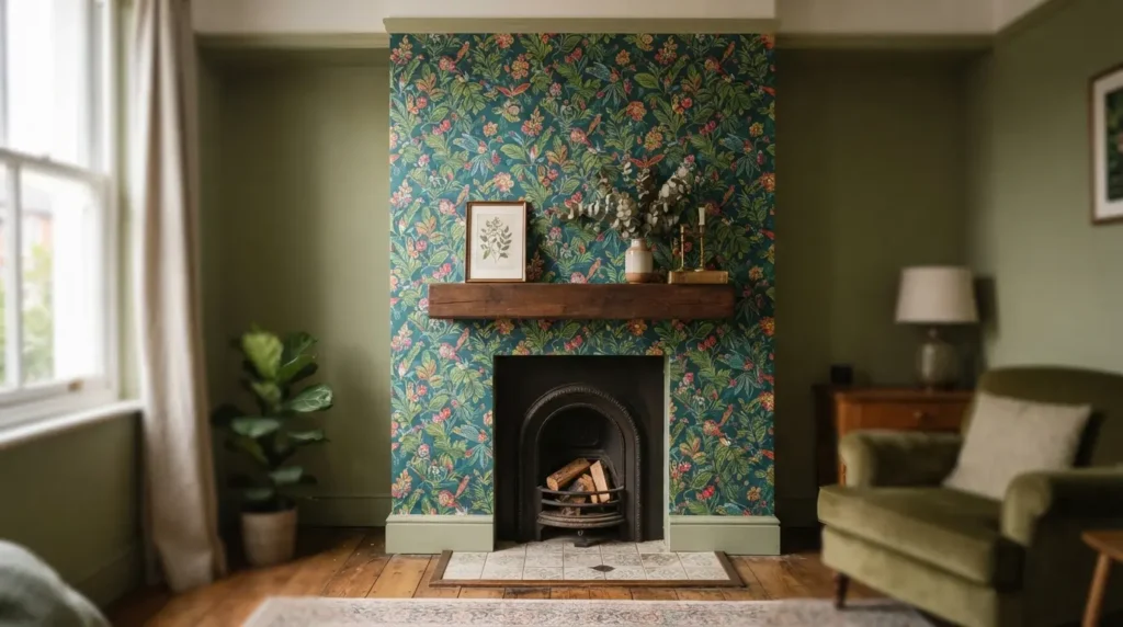 Patterned wallpaper feature wall behind a chimney breast in a living room