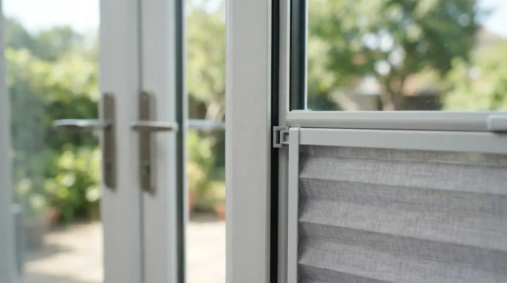 Perfect Fit blind clipped into a uPVC French door frame