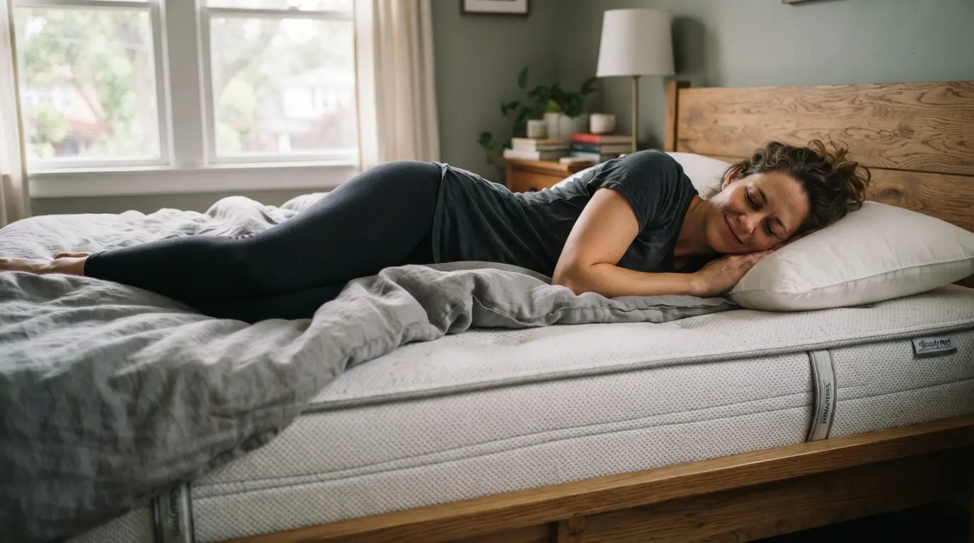 Person testing mattress firmness by lying on their side in a bedroom