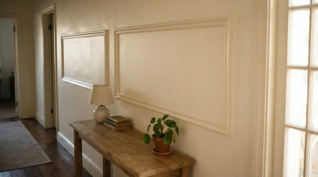 Picture frame moulding applied to a hallway wall as a beginner panelling project