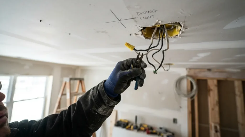 Electrical wiring being planned for dining room pendant lighting before decoration