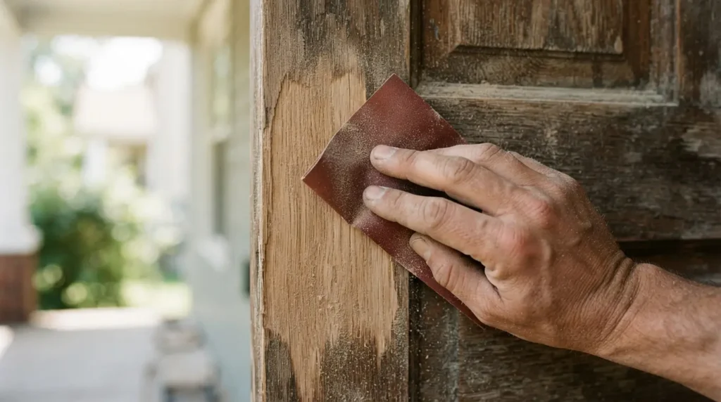 Sanding a wooden front door before priming and painting