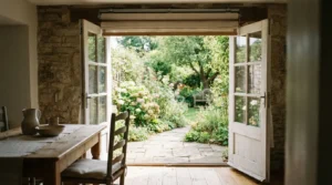 Roller blind fully rolled away above open French doors leading to a garden