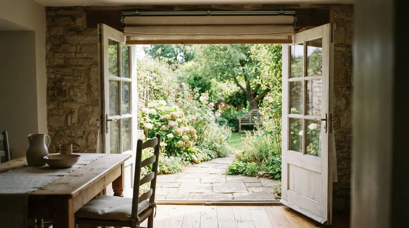 Roller blind fully rolled away above open French doors leading to a garden