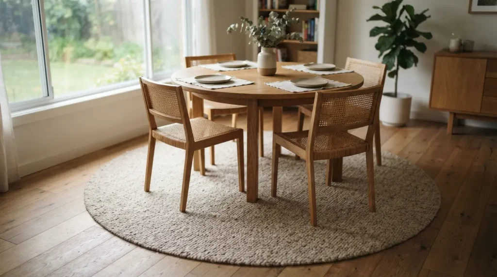 Round rug under a round dining table with layered natural bedding