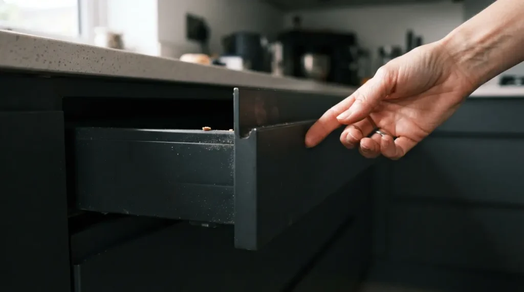 2. Close-up of a gola profile handleless cabinet channel on a matt grey base drawer