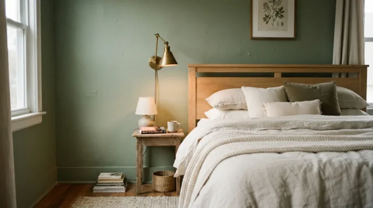 Sage green bedroom with warm brass accents and natural wood furniture