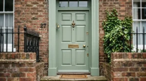 Sage green front door on a UK townhouse with matching painted frame
