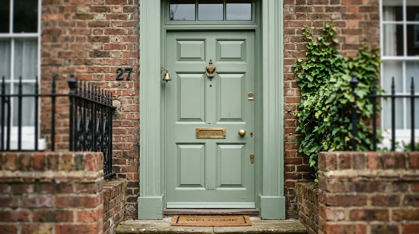 Sage green front door on a UK townhouse with matching painted frame