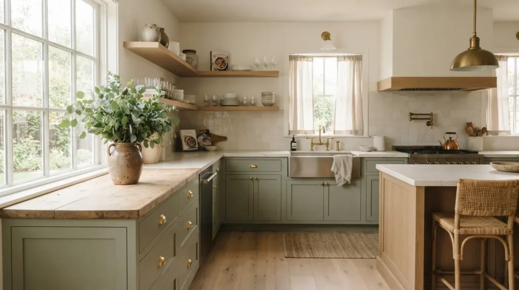 Sage green kitchen cabinets paired with warm white walls and brass hardware