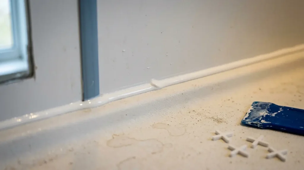 Silicone sealant bead along the base of white waterproof bathroom panels beside a shower tray