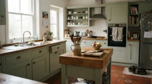 1. Classic shaker kitchen with painted cabinets, cornice detail and a butcher's block island