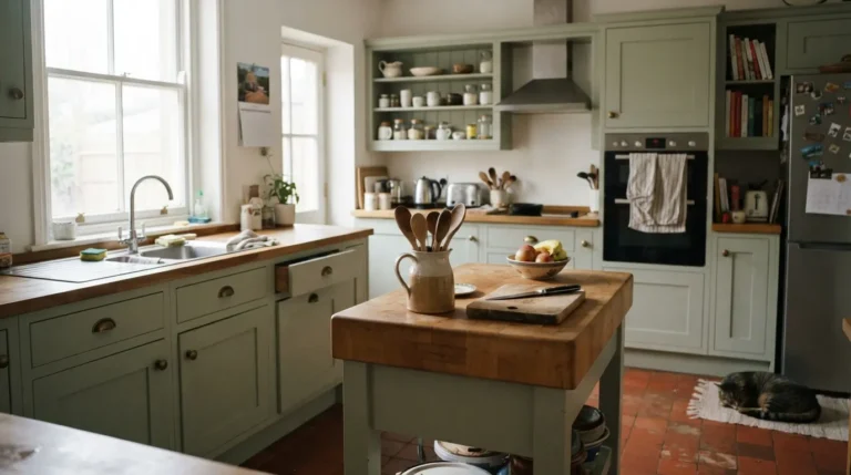 1. Classic shaker kitchen with painted cabinets, cornice detail and a butcher's block island