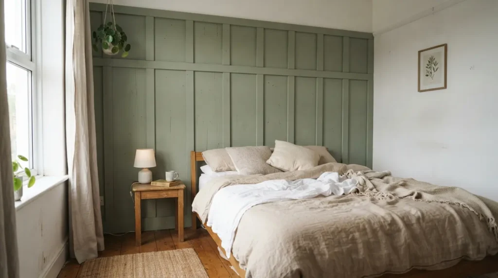 Simple board and batten accent wall painted in a soft neutral colour