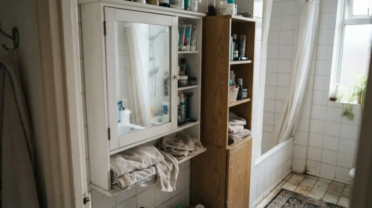 Small bathroom with a wall-mounted mirrored cabinet and narrow tallboy storage unit fitted beside the basin