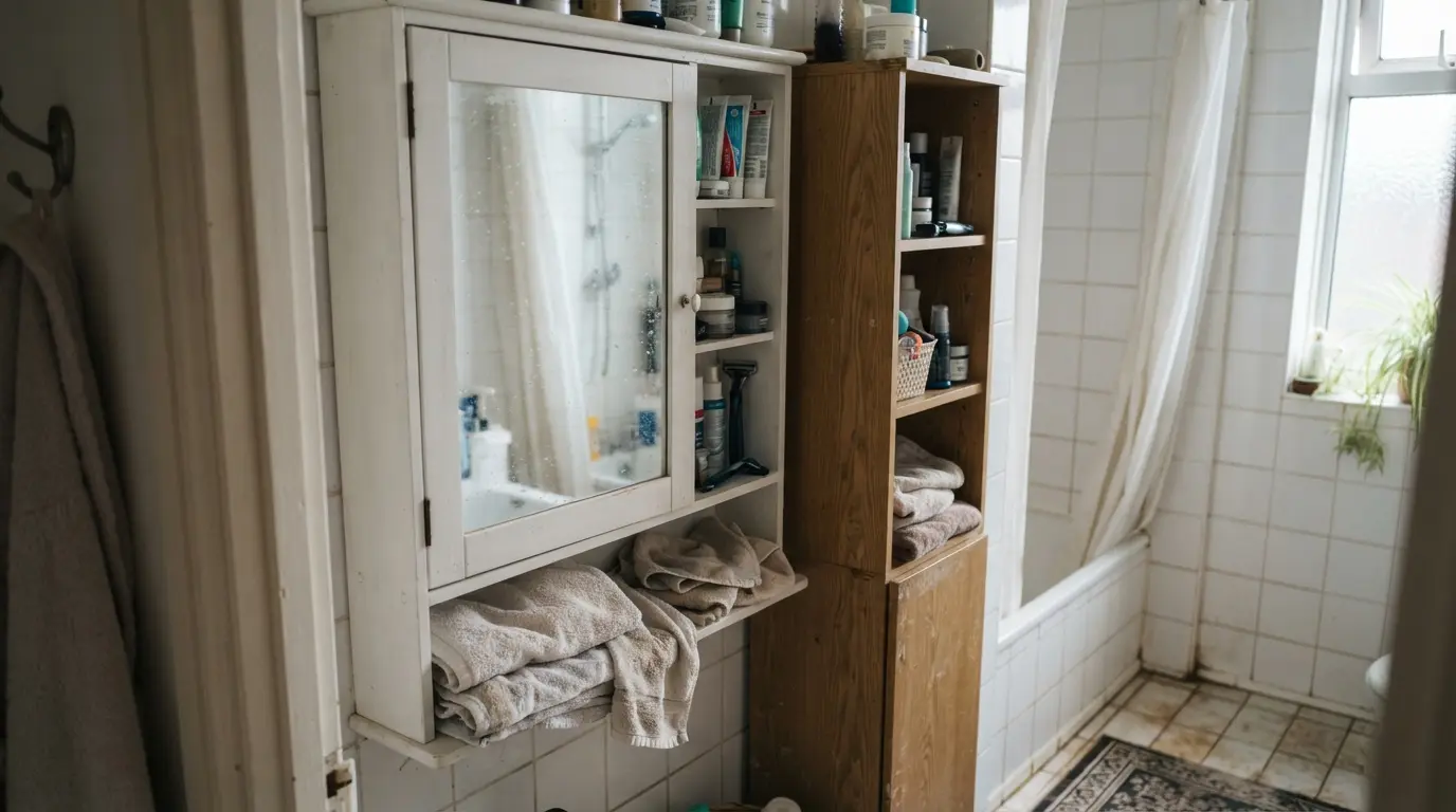 Small bathroom with a wall-mounted mirrored cabinet and narrow tallboy storage unit fitted beside the basin