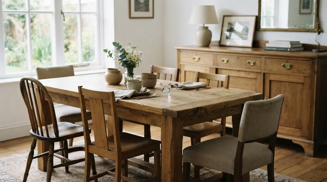 Solid oak dining table with mixed chairs and a sideboard in a naturally lit room