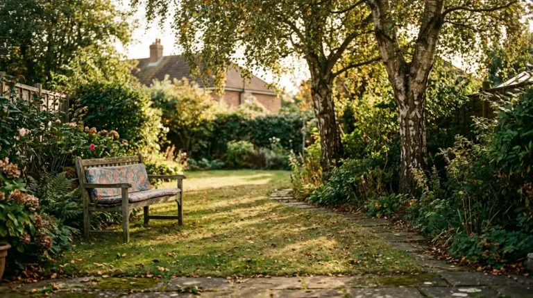 Standard trees and layered planting creating garden privacy without a fence