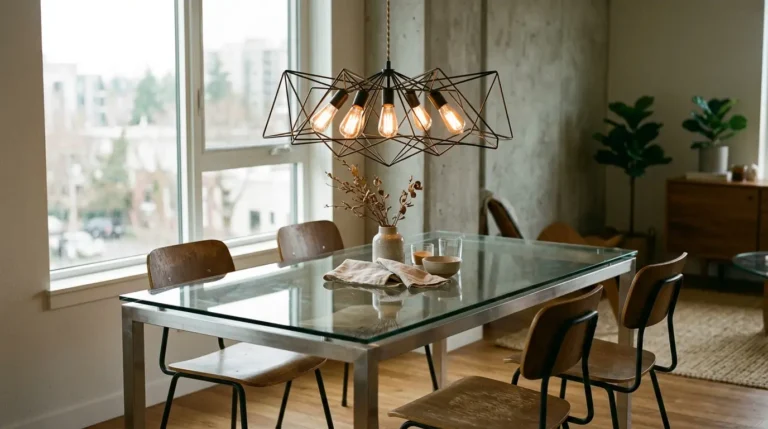 Statement pendant light over a sleek glass dining table in a modern room