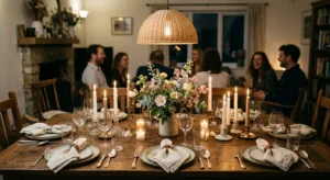Styled dining table with candles, linen napkins, and fresh flowers set for a meal