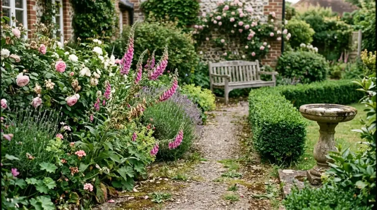 Sunlit English garden showing cottage planting beside a clipped formal hedge and gravel path, illustrating popular garden design styles