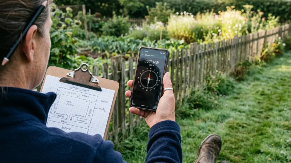 Hand holding a phone compass app in a garden to check aspect while planning a garden layout