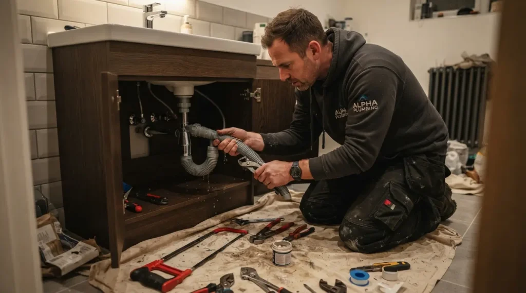 Vanity unit with drawers installed under a basin in place of a pedestal, plumbing connections visible
