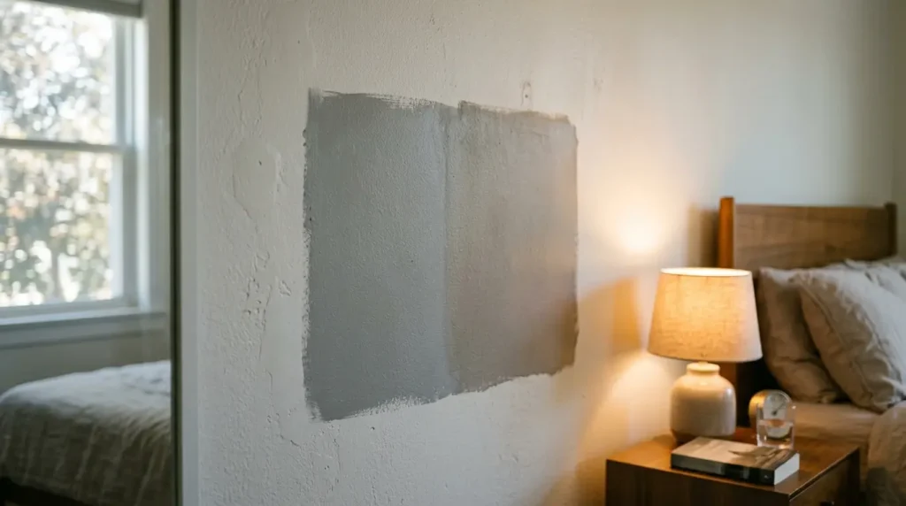 Grey paint sample tested on a bedroom wall across different times of day