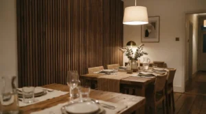 Textured feature wall behind a dining table lit with warm evening lighting