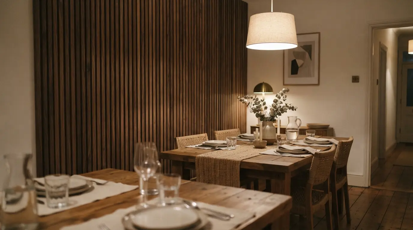 Textured feature wall behind a dining table lit with warm evening lighting