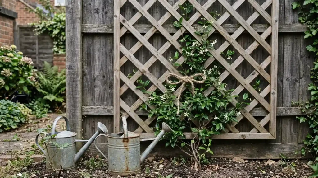Trellis panel with climbing star jasmine used for privacy planting on a patio
