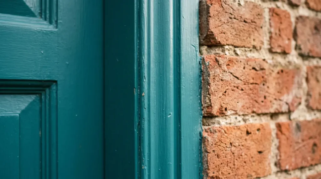 Close-up of a painted door frame matching the front door colour