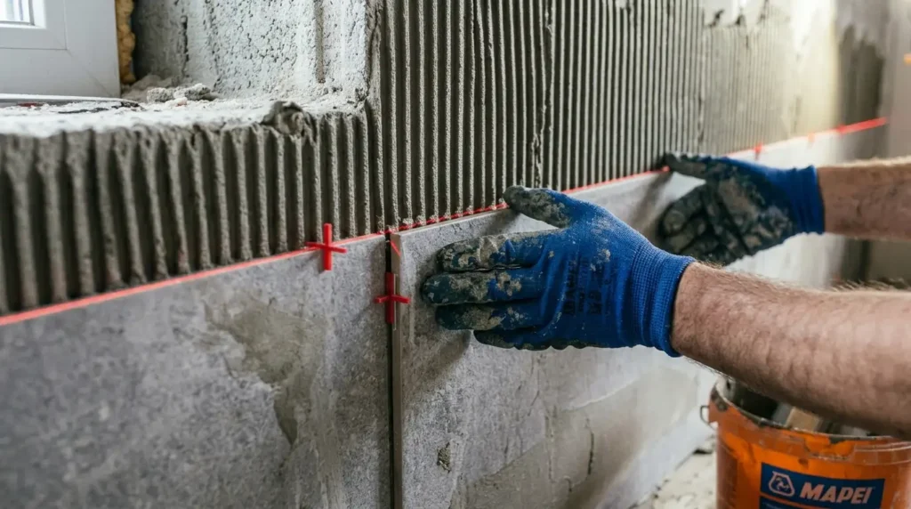 Large-format wall tile being set with spacers, a laser line and a notched trowel in a bathroom renovation