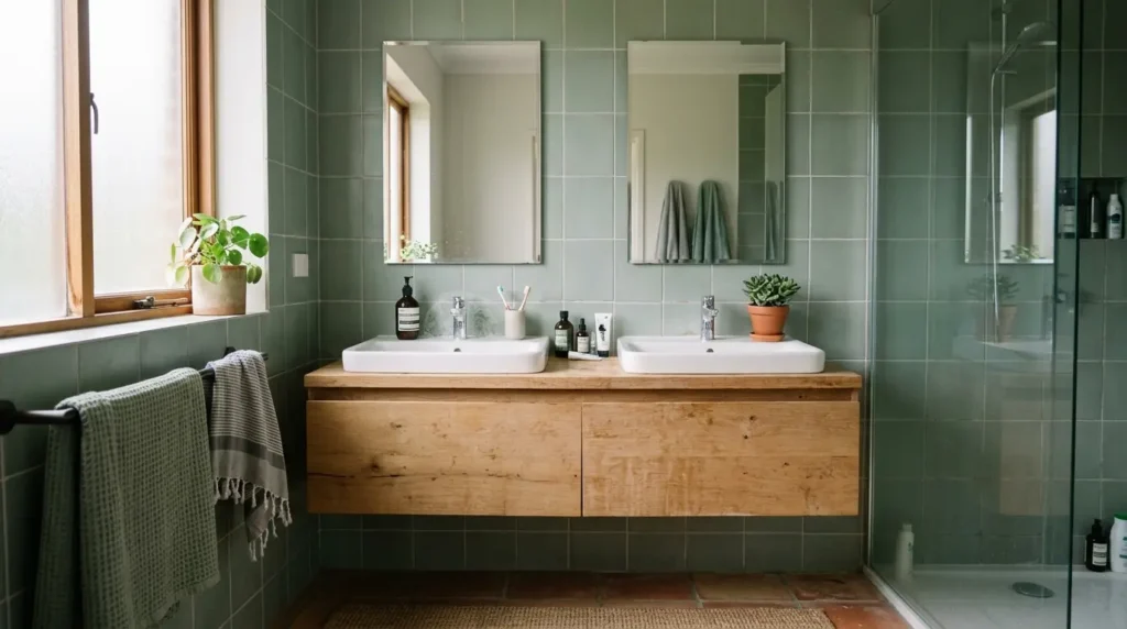 Twin rectangular bathroom mirrors centred above a double vanity in a tiled family bathroom