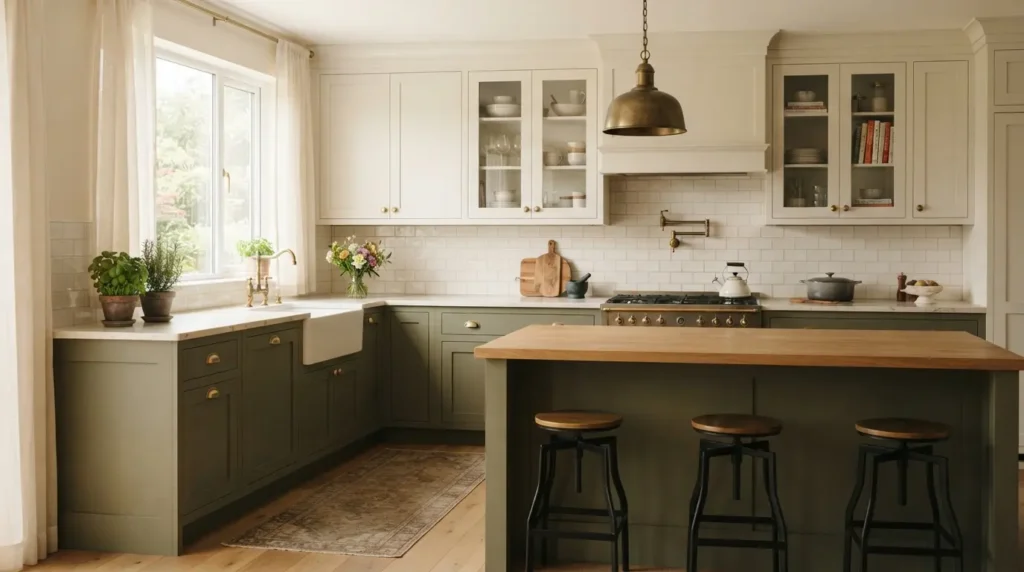 Two-tone kitchen colour scheme with cream upper cabinets and sage green lower cabinets