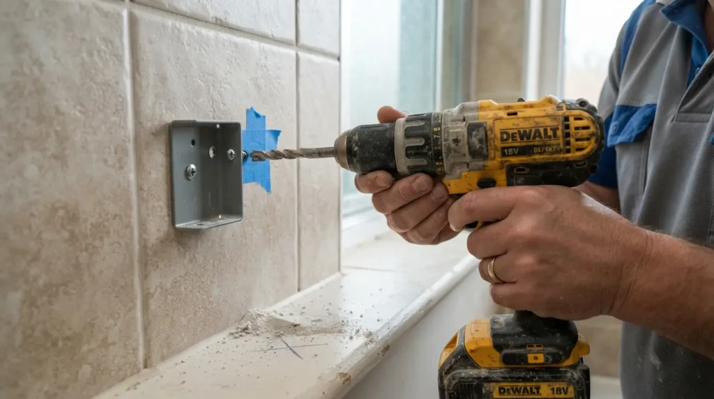 Close-up of a wall-hung cabinet being fixed to a tiled bathroom wall with visible wall plugs