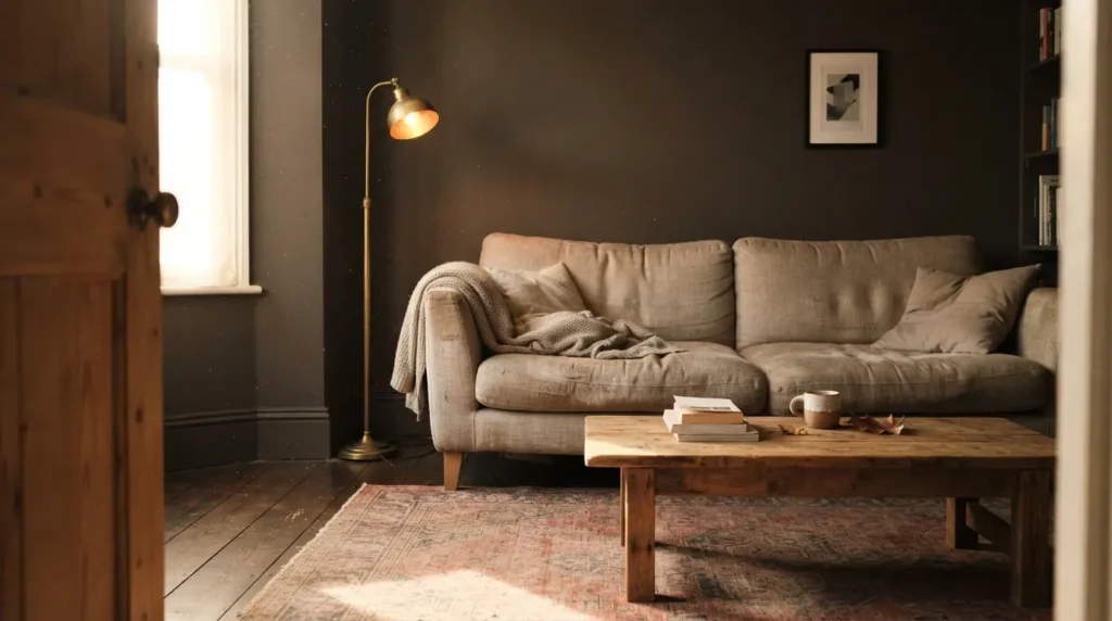 Warm charcoal painted living room with brass lamp light and velvet sofa, natural afternoon light