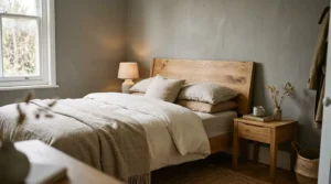 Warm grey bedroom with wood furniture and soft natural light