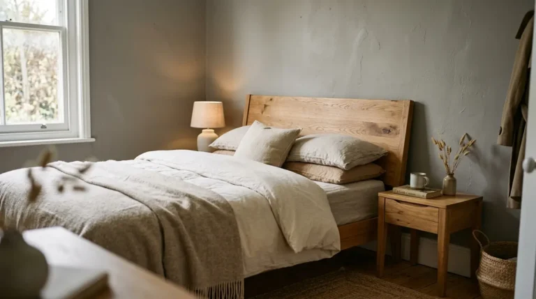 Warm grey bedroom with wood furniture and soft natural light