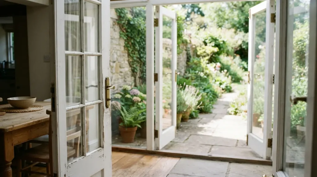 White timber French doors open onto a garden patio