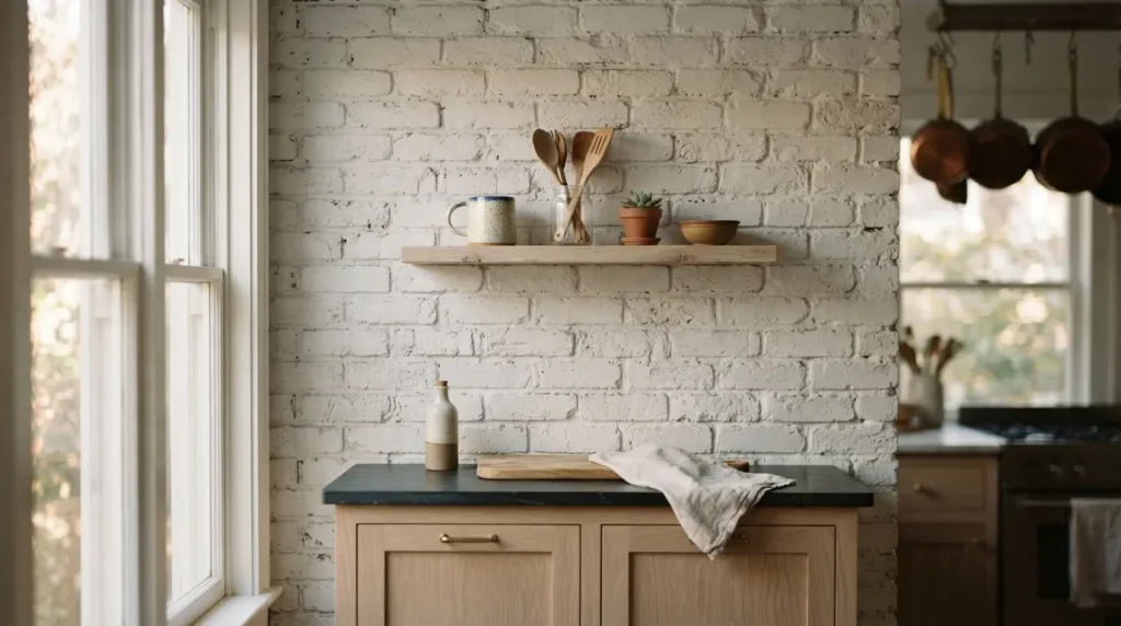 Whitewashed brick wall contrasting with smooth white plaster in a modern kitchen