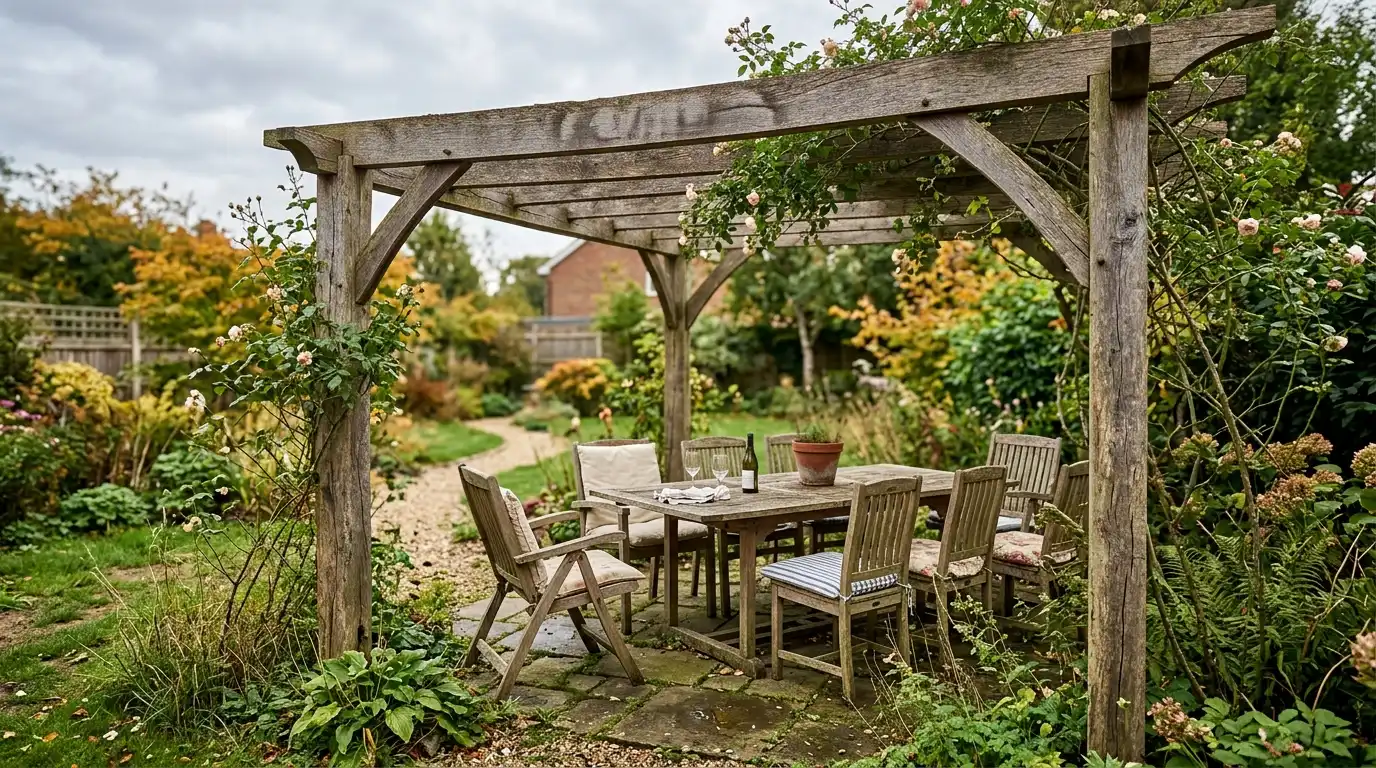 Wooden pergola with climbing plants creating natural shade