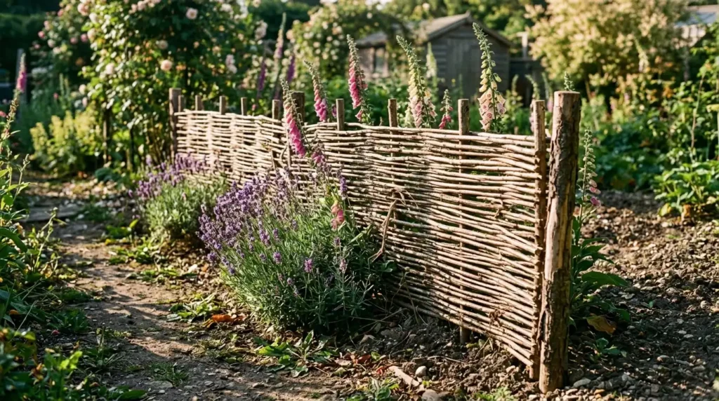 Woven willow garden fencing idea bordering a cottage style flower bed