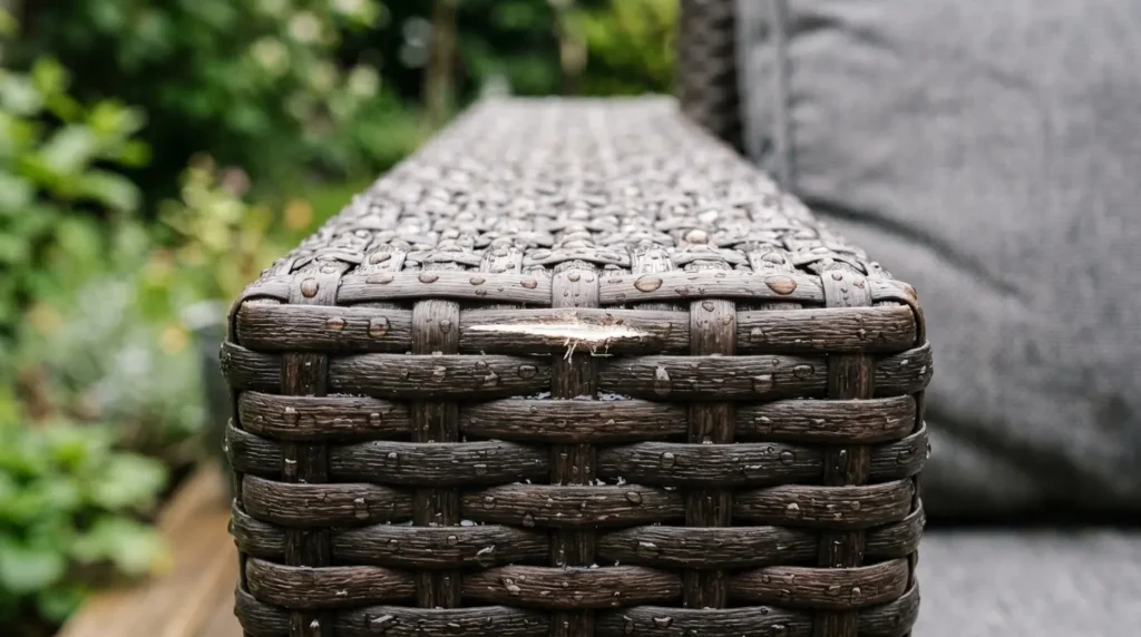 Close-up of woven PE rattan texture on an outdoor sofa frame showing weather-resistant weave detail